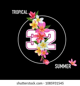 Summertime Floral Poster. Tropical Plumeria Flowers Design for Banner, Flyer, Brochure, Fabric Print. Vintage Hello Summer Watercolor Botanical Background. Vector illustration
