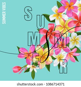 Summertime Floral Poster. Tropical Plumeria Flowers Design for Banner, Flyer, Brochure, Fabric Print. Hello Summer Watercolor Botanical Background. Vector illustration