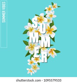 Summertime Floral Poster. Tropical Plumeria Flowers Design for Banner, Flyer, Brochure, Fabric Print. Hello Summer Watercolor Background. Vector illustration