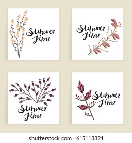Summertime. Four square cards. Hand drawn creative flowers. Lettering. Colorful artistic background with blossom. It can be used for invitation, thank you message, postcard. Vector illustration, eps10