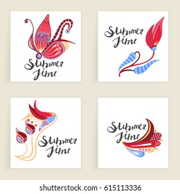 Summertime. Four square cards. Hand drawn creative flowers. Lettering. Colorful artistic background with blossom. It can be used for invitation, thank you message, postcard. Vector illustration, eps10