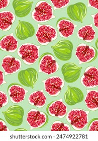 Summertime fresh fruit seamless pattern, background design with whole and seedy, juicy sliced figs