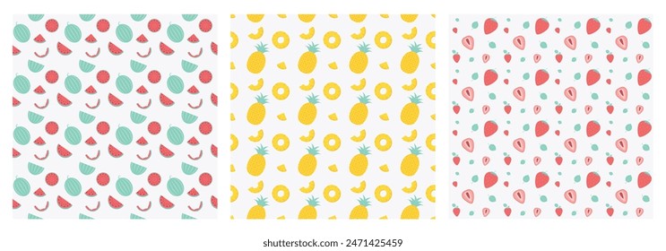 Summertime fruits pattern set. Watermelon, pineapple, strawberries.