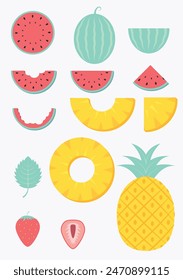 Summertime fruits set. Watermelon, pineapple, strawberries. 