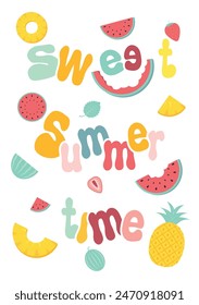 Summertime fruits with typography. Watermelon, pineapple, strawberries.