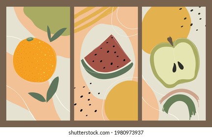 Summertime fruits vertical backgrounds collection with orange, watermelon and apple draws in abstract flat and funky style. Multicolored in white, salmon, golden, green and orange tones. Vectored.