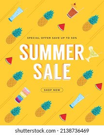 Summertime fun concept design. Summer sale, post template. Design for social media banner, poster, email, newsletter, ad, leaflet, placard, brochure, flyer, web sticker