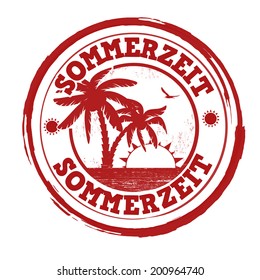 Summertime in german language grunge rubber stamp on white, vector illustration