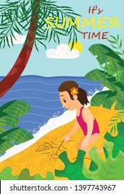 Its summertime, girl drawing on sand sun and ship, cartoon person at coastline among palm trees. Vector female child in swimsuit having fun at ocean