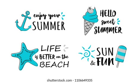Summertime - hand drawn icons with funny text. Vector.