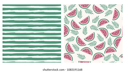 Summertime hand drawn set. Green stripes and watermelons patterns.