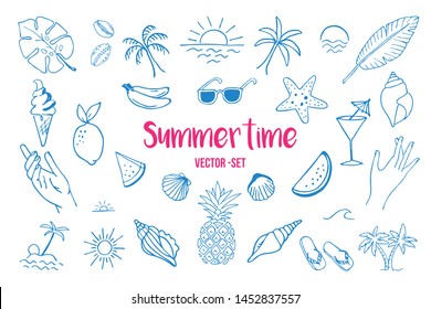 Summertime hand drawn Vector Illustration Set with lots of summer elements like seashells, sunglasses, melons, lemon, sun, palm trees and waves.