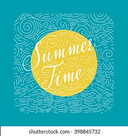 Summertime. Handwritten phrase on color background of sea, sun and sky doodles. Vector illustration Summertime. Sun and sky doodles