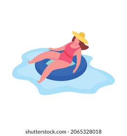 Summerzeit Hitzschlag flache Komposition mit Frau schwebend auf aufblasbarem Rohr Vektorgrafik