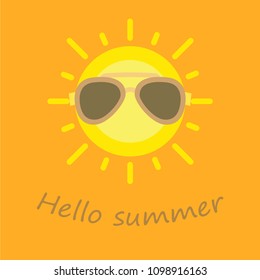 Summertime, hello summer. Funny sun with sunglasses