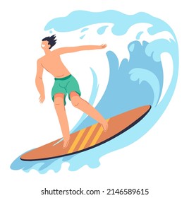 Summertime hobbies and activities, isolated man surfing and exploring waves of sea or ocean. Tropical vacation and rest by seashore. Sports and extreme recreation of male. Vector in flat style