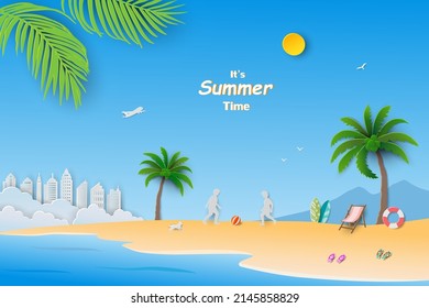 Summertime holiday background with modern buildings,coconut palm tree,view of blue sea and beach on paper cut style,vector illustration