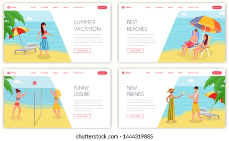 Summertime holiday resort landing page mockup. Tropical island vacation activities and leisure vector flat website set. Relaxing and resting on ocean, sea shore with friends and family illustration