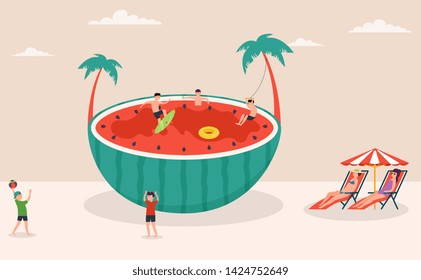 Summertime holiday scene, huge watermelon surfing, games in water and on beach, beach volleyball, characters, umbrellas.