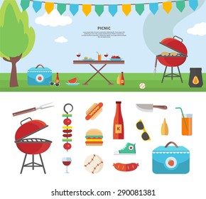 Summertime holiday template with picnic outdoor summer accessories, illustration and icon set flat design of traveling, holiday. For web banners, promotional materials, presentation templates