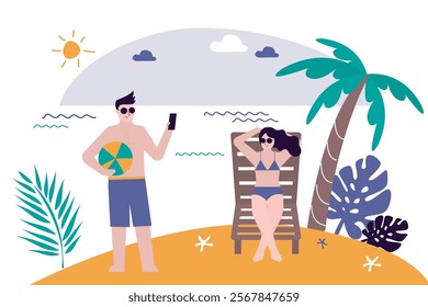 Summertime, holidays. Boyfriend takes photo of his girlfriend lying on a sun lounger. Vacation at tropical resort. Photos to remember an exotic vacation and the ocean. flat vector illustration