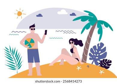 Summertime, holidays. Boyfriend takes photo of his beauty girlfriend sitting on sand. Vacation at tropical resort. Photos to remember an exotic vacation and the ocean. flat vector illustration