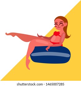 Summertime, holidays. Girl swimming, relax, have a fun time. Vector cartoon illustration. Summer time. Young women