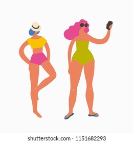 Summertime, holidays poster and cards. People relax. Summer girl
