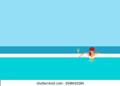 Summertime, holidays poster. A girl chilling, relax, have a fun time. Surfing, vacation. Vector cartoon illustration. Summer time poster. Flat design, Minimal style.