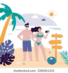 Summertime, holidays. Selfie, boyfriend takes photo with beauty girlfriend. Photos to remember an exotic vacation and the ocean. Love couple rest on tropical resort. flat vector illustration