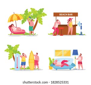 Summertime hot weather heatstroke cause symptoms prevention 4 flat compositions with drinking water fan headache vector illustration 