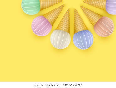 Summertime, Ice cream cone background, 3D, Punchy Pastels style. Pattern with abstract images of ice cream in paper cut style. Minimal summer food concept. Flat lay. Vector illustration.