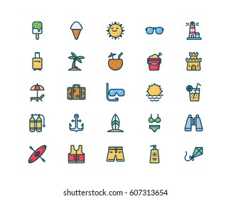 Summertime icon set, filled outline style