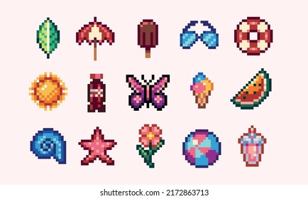 Juego de píxeles de iconos en verano. Diferentes vacaciones, colección de artículos de viaje. Sprite de 8 bits. Desarrollo de juegos, aplicación móvil.  Ilustración vectorial aislada.