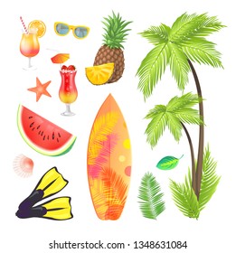 Summertime icons set fruits and beverages in glass. Glasses and palm tree with broad leaves. Flippers and surfing board with print, starfish vector