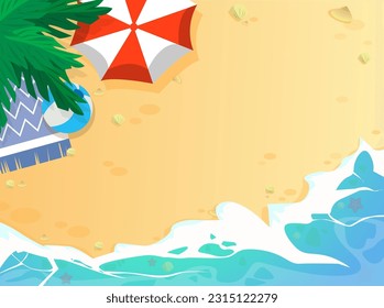 Summertime illustration, above view. Sea waves rolling onto sandy beach. Umbrella, ball, blanket and palm on coast. Space for text