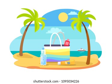 Summertime illustration with bag full SPF sun protection moisturisers coastline, stand on hot sand at seaview, bottle of water and palm trees