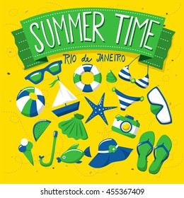 Ilustración en verano de accesorios de playa en Río de Janeiro, de color brasileño.
