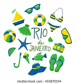 Summertime illustration of beach accessories in Rio de janeiro, Brazilian color style.