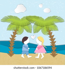 Summertime illustration. Couple in love on the beach. Paper cut design