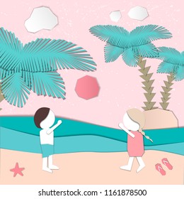 Summertime illustration. Couple playing on the beach. Paper cut design