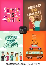 Summertime illustration with different characters and lettering (hello to summer, summer is coming, enjoy your summer). Vector background.