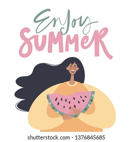 Summertime illustration with a girl eating watermelon. Trendy flat cartoon character with handwritten phrase "enjoy summer". Summer Holiday poster.