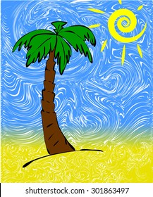 Summertime illustration with a palm tree and the sun