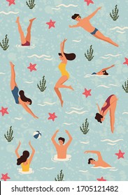 Summertime illustration. People swimming and jumping in water. Vector