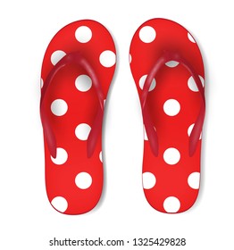 summertime illustration of red polka dot flip flops isolated on white background.