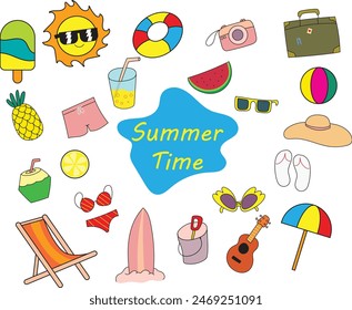 summertime illustration set cute, activities at the beach