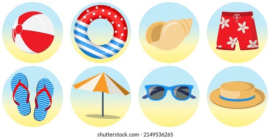 Summertime illustration set. Set of summer beach accessories. Set of beach items. Vector illustration of summer vacation outfit. Seaside holiday look with accessories
