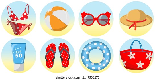 Summertime illustration set. Set of summer beach accessories. Set of beach items. Vector illustration of summer vacation outfit. Seaside holiday look with accessories