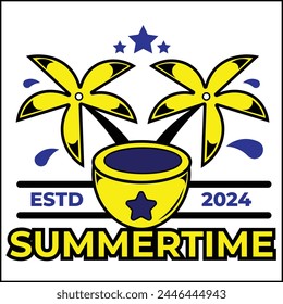 summertime illustration vector design with coconuts and beach flowers in a simple style and yellow and blue colors. suitable for logos, icons, posters, advertisements, banners, companies, t-shirt desi